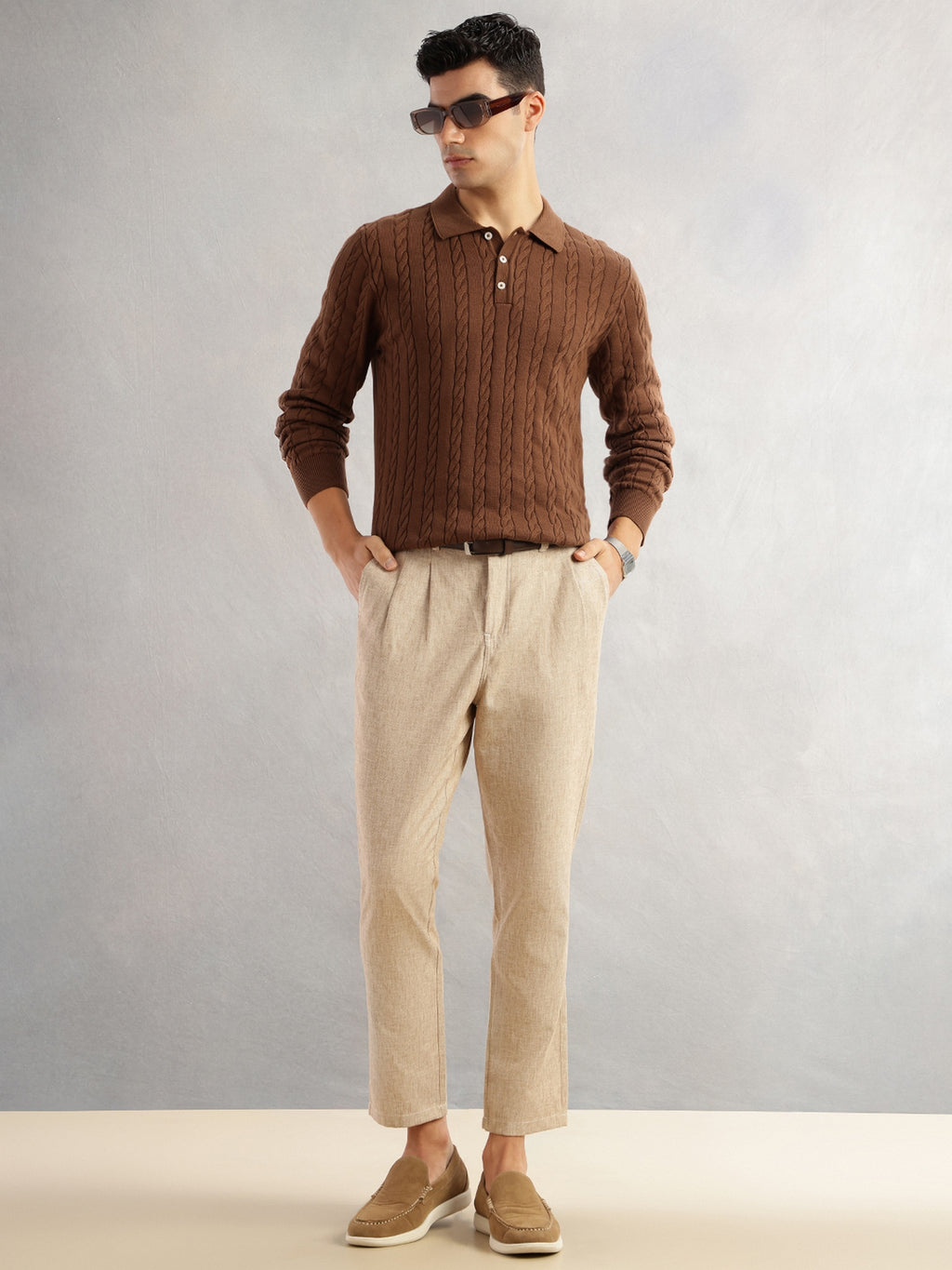 Thomas Scott Men Brown Regular Fit Long Sleeves Self Design 100% Cotton Polo Collar Knitted Tshirt