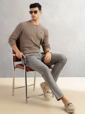 Thomas Scott Men Beige Regular Fit Long Sleeves Round Neck Self Design 100% Cotton Cable Knitted Pullover Sweater