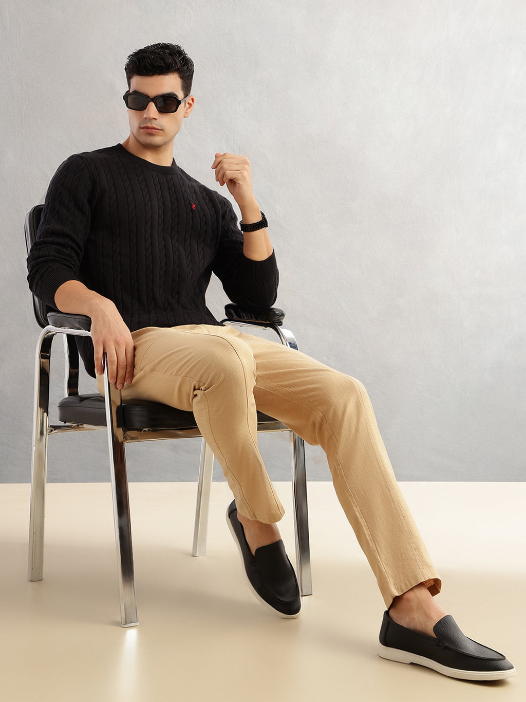 Thomas Scott Men Black Regular Fit Long Sleeves Round Neck Self Design 100% Cotton Cable Knitted Pullover Sweater