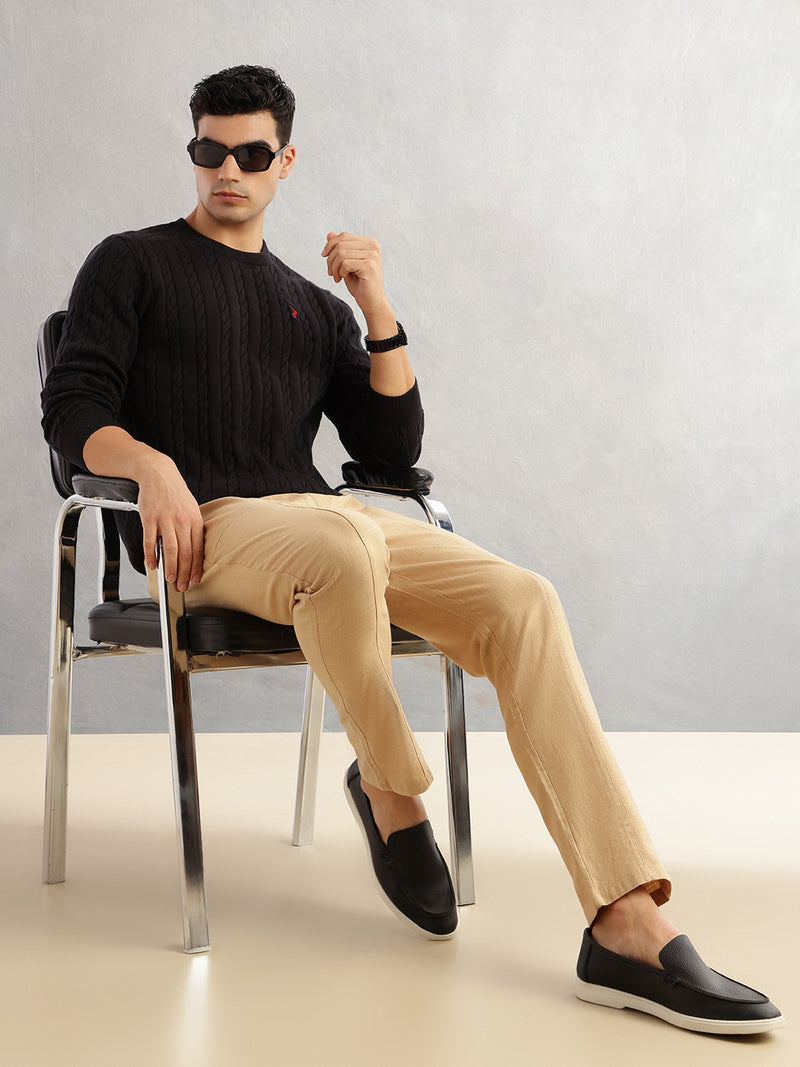 Thomas Scott Men Black Regular Fit Long Sleeves Round Neck Self Design 100% Cotton Cable Knitted Pullover Sweater