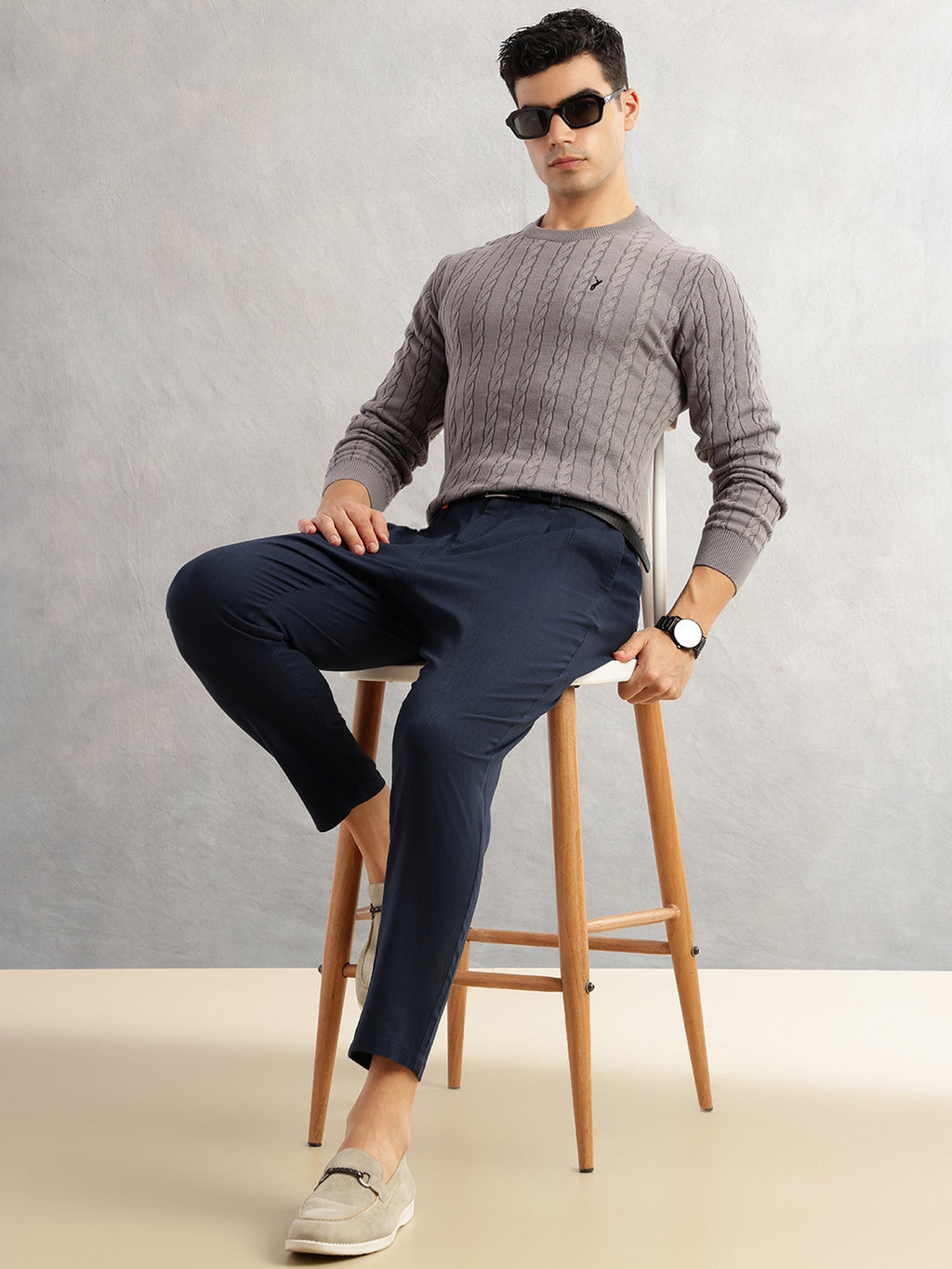 Thomas Scott Men Grey Regular Fit Long Sleeves Round Neck Self Design 100% Cotton Cable Knitted Pullover Sweater