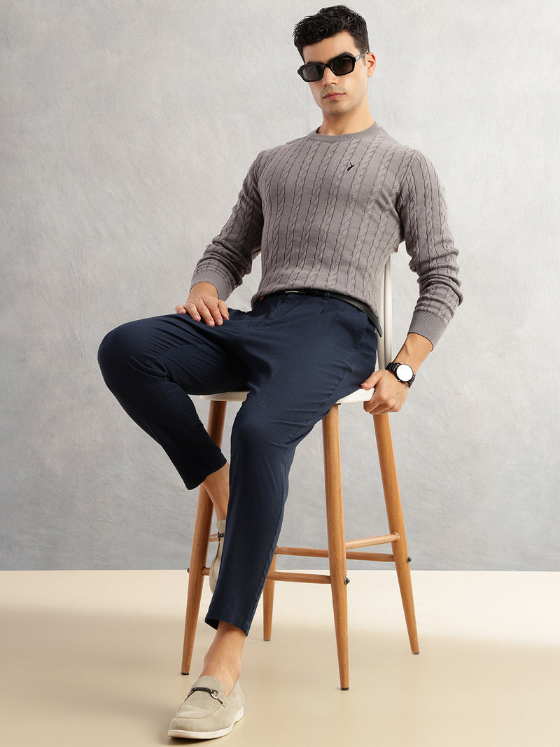 Thomas Scott Men Grey Regular Fit Long Sleeves Round Neck Self Design 100% Cotton Cable Knitted Pullover Sweater