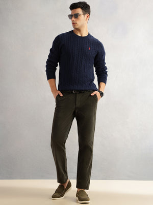 Thomas Scott Men Navy Regular Fit Long Sleeves Round Neck Self Design 100% Cotton Cable Knitted Pullover Sweater