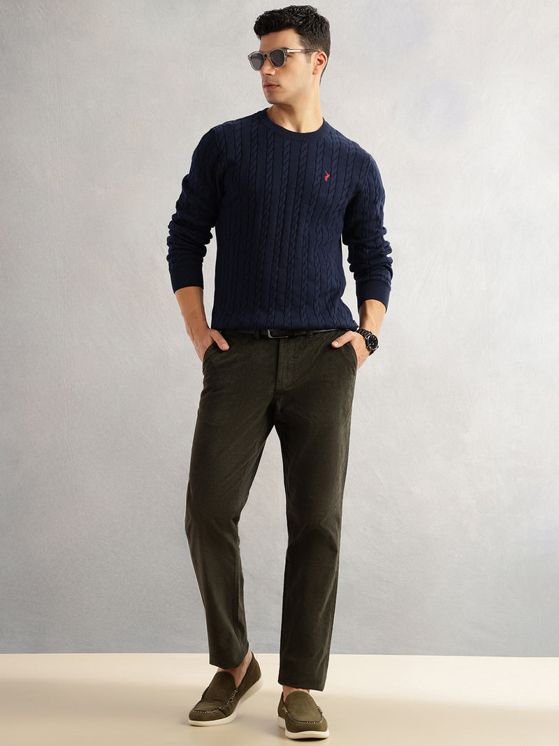 Thomas Scott Men Navy Regular Fit Long Sleeves Round Neck Self Design 100% Cotton Cable Knitted Pullover Sweater