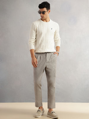Thomas Scott Men White Regular Fit Long Sleeves Round Neck Self Design 100% Cotton Cable Knitted Pullover Sweater