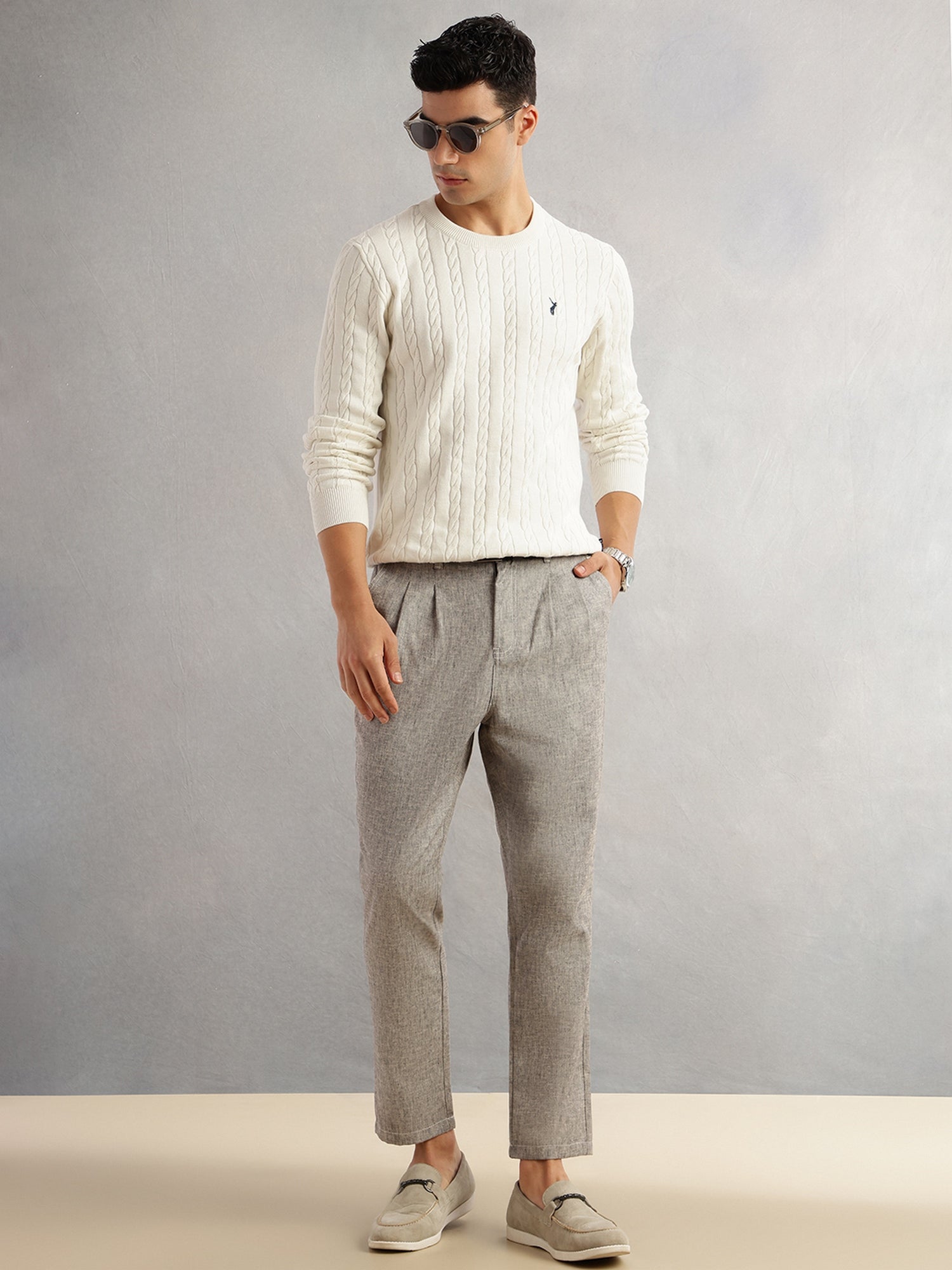 Thomas Scott Men White Regular Fit Long Sleeves Round Neck Self Design 100% Cotton Cable Knitted Pullover Sweater