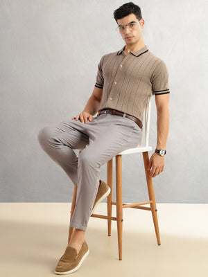 Thomas Scott Men Beige Regular Fit Short Sleeves Striped 100% Cotton Knitted Cardigan Sweater