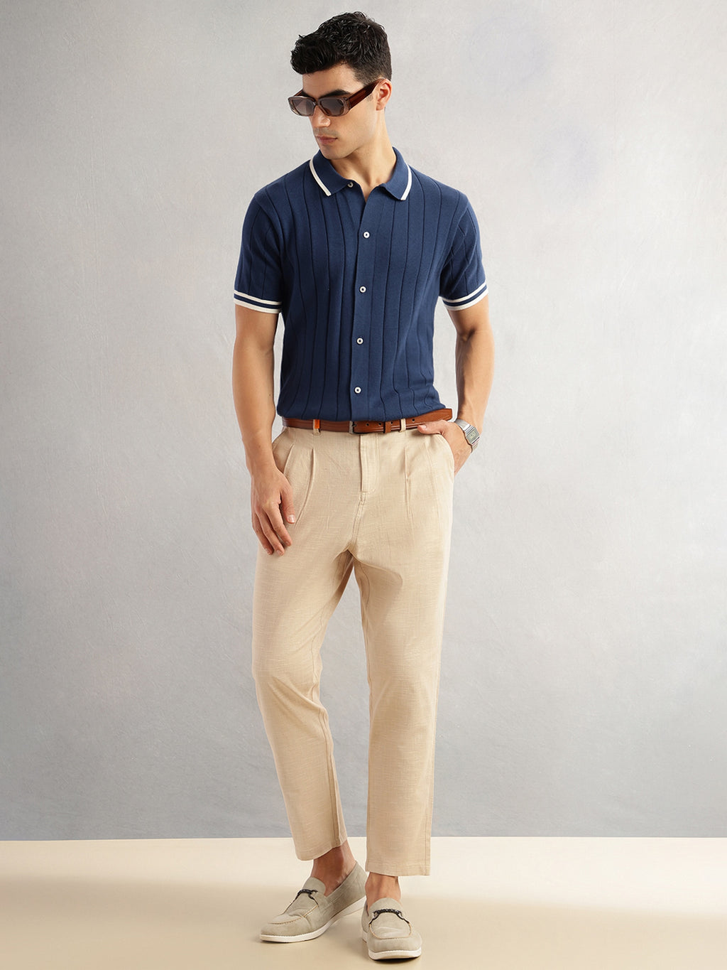 Thomas Scott Men Navy Regular Fit Short Sleeves Striped 100% Cotton Knitted Cardigan Sweater