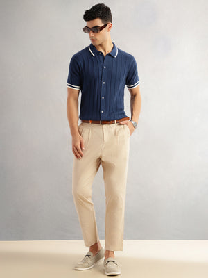Navy Regular Fit Short Sleeves Striped 100% Cotton Knitted Cardigan Sweater For Men