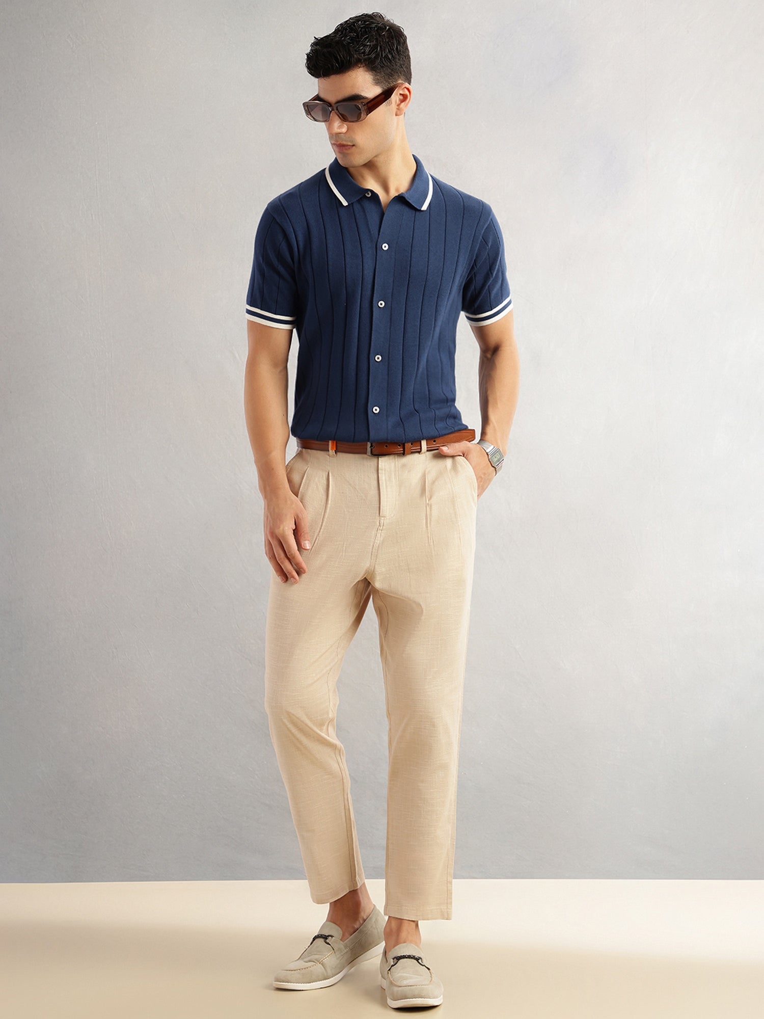 Thomas Scott Men Navy Regular Fit Short Sleeves Striped 100% Cotton Knitted Cardigan Sweater