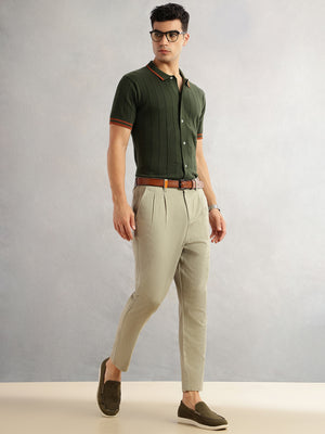 Thomas Scott Men Olive Regular Fit Short Sleeves Striped 100% Cotton Knitted Cardigan Sweater