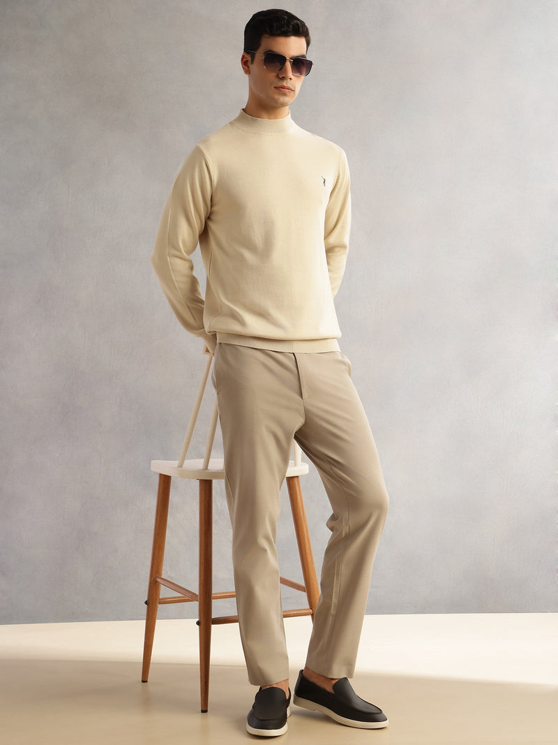 Thomas Scott Men OffWhite Regular Fit Long Sleeves Turtle Neck 100% Cotton Solid Knitted Pullover Sweater