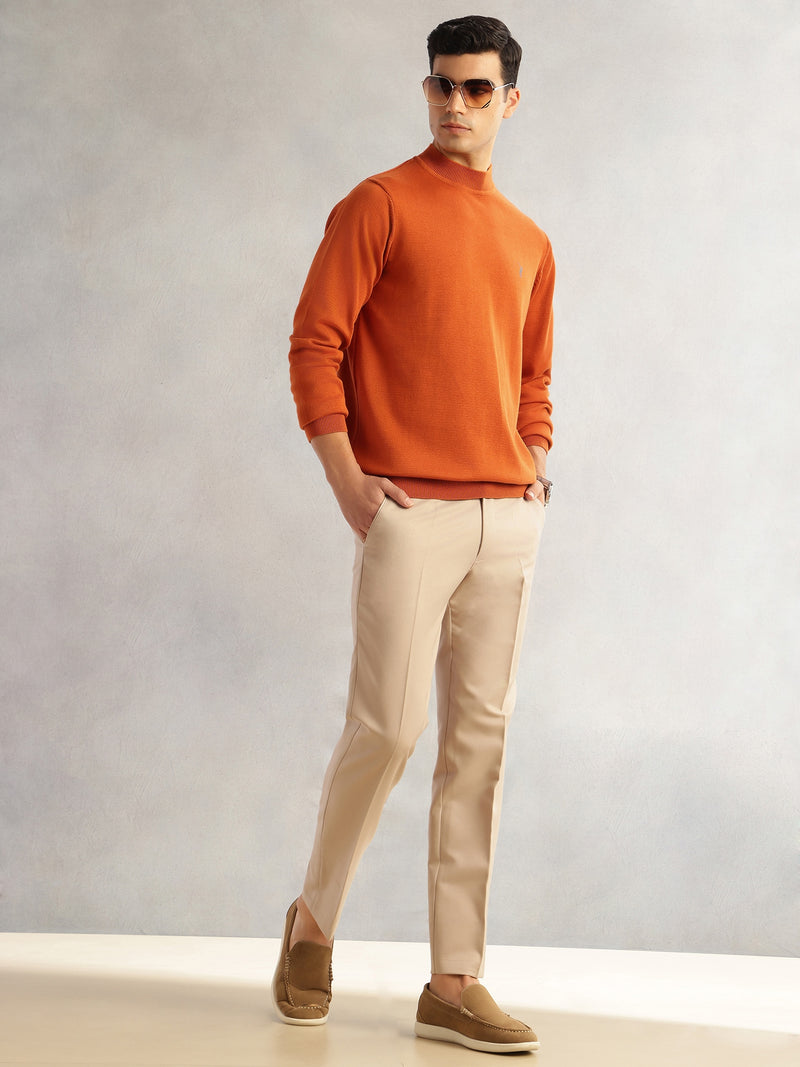 Thomas Scott Men Rust Regular Fit Long Sleeves Turtle Neck 100% Cotton Solid Knitted Pullover Sweater