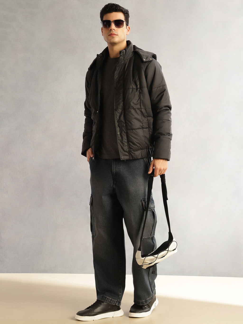Thomas Scott Men Black Regular Fit Long Sleeves 2 Pockets Polyester Knitted Hooded Puffer Jacket