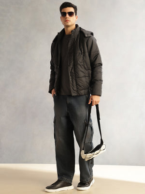 Thomas Scott Men Black Regular Fit Long Sleeves 2 Pockets Polyester Knitted Hooded Puffer Jacket