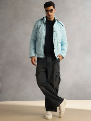 Thomas Scott Men SkyBlue Regular Fit Long Sleeves 2 Pockets Polyester Knitted Hooded Puffer Jacket