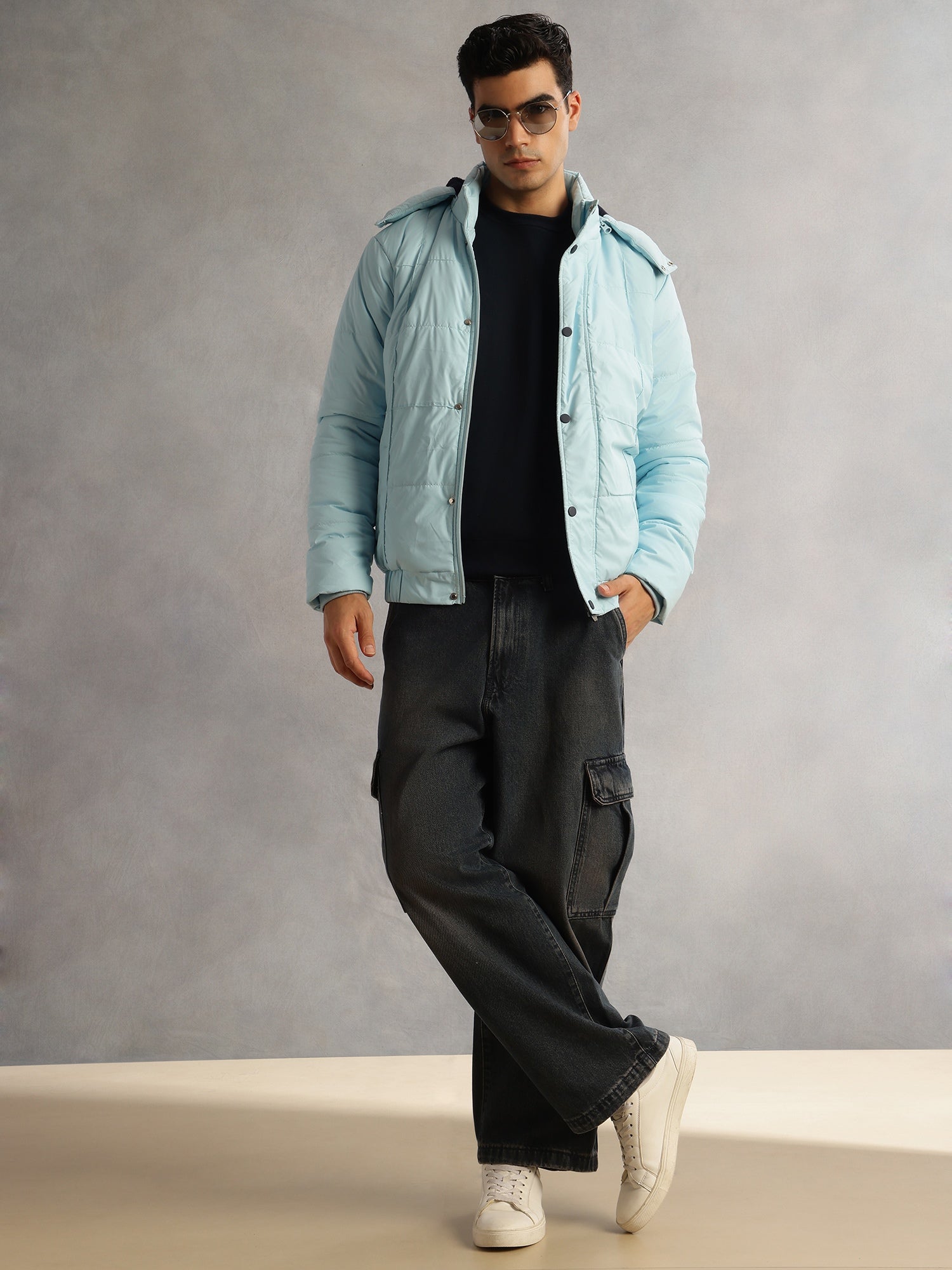 Thomas Scott Men SkyBlue Regular Fit Long Sleeves 2 Pockets Polyester Knitted Hooded Puffer Jacket