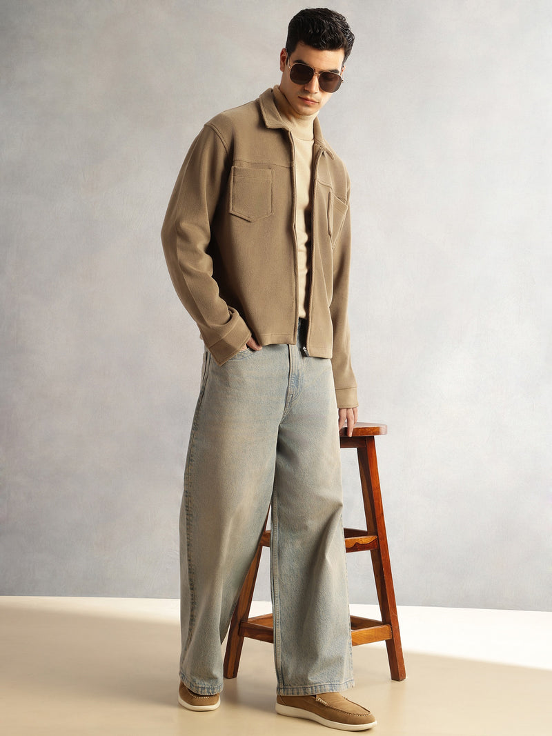 Thomas Scott Men Beige Regular Fit Long Sleeves Solid Polyester Knitted Open-Front Jacket