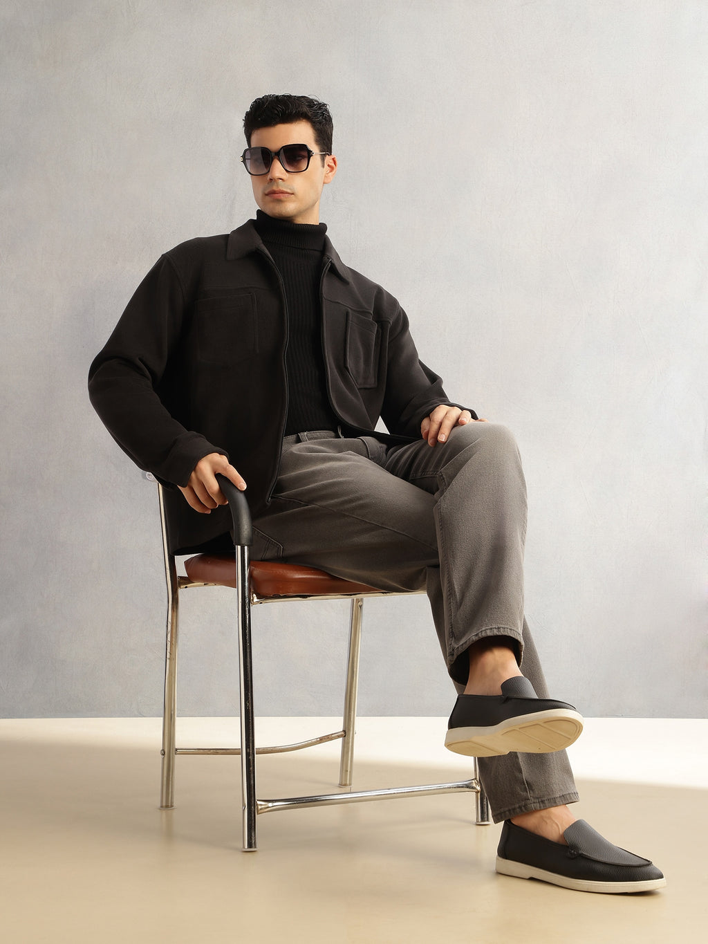 Thomas Scott Men Black Regular Fit Long Sleeves Self Design Polyester Knitted Open-Front Jacket