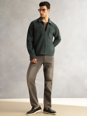 Thomas Scott Men Bottle Green Regular Fit Long Sleeves Self Design Polyester Knitted Open-Front Jacket