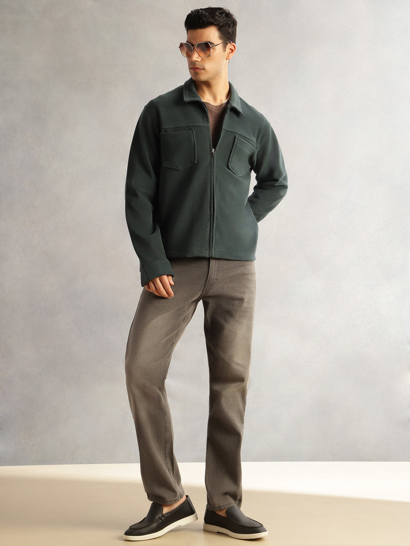 Thomas Scott Men Bottle Green Regular Fit Long Sleeves Self Design Polyester Knitted Open-Front Jacket
