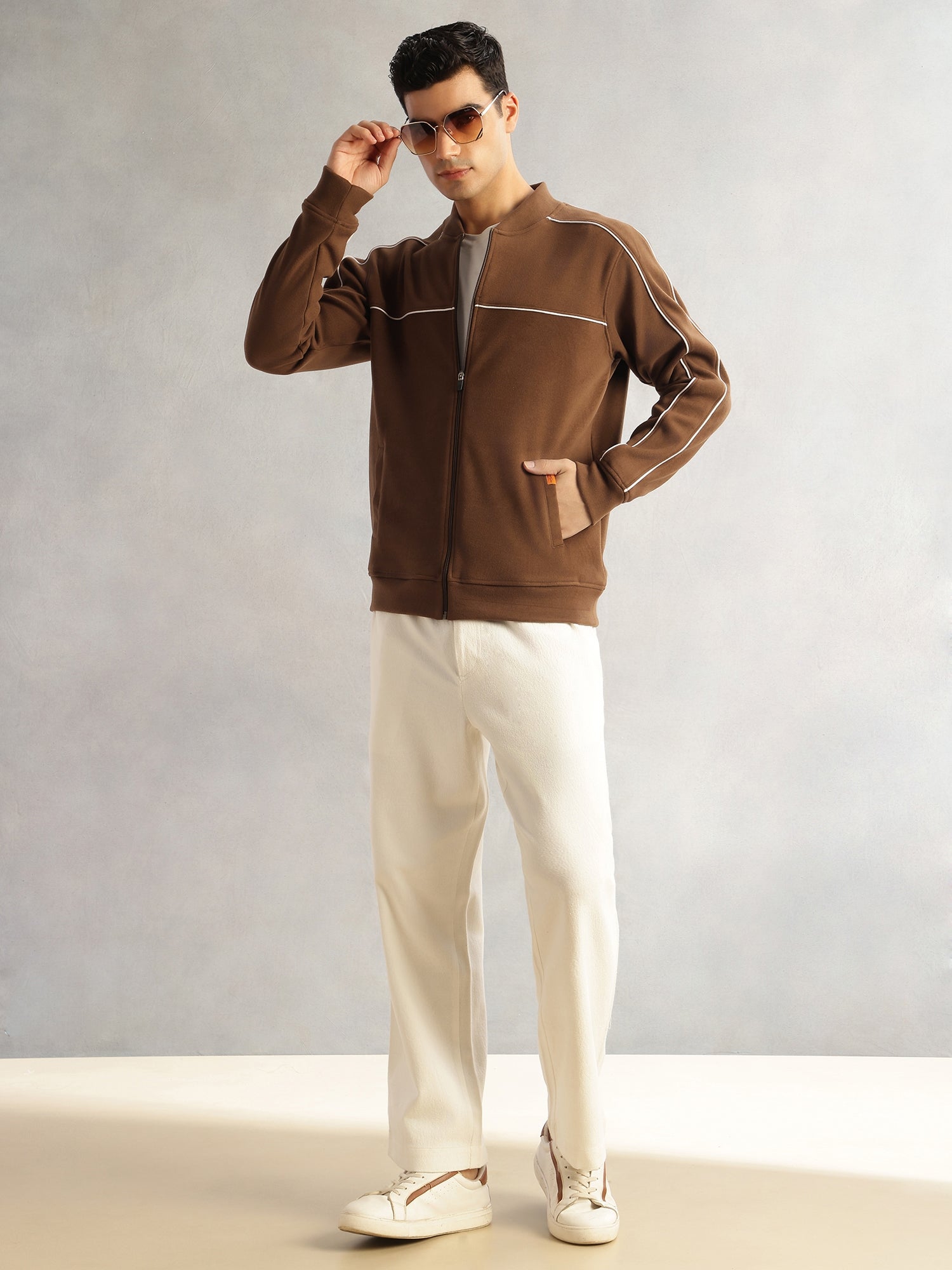 Thomas Scott Men Brown Regular Fit Long Sleeves Mandarin Collar Self Design Dry Clean Polyester Knitted Open-Front Jacket