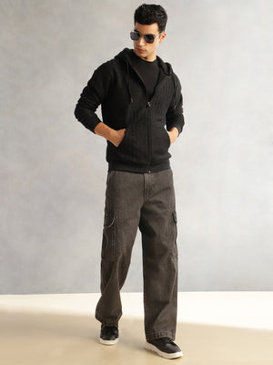 Thomas Scott Men Black Regular Fit Long Sleeves 2 Pockets Front-Open Knitted Hooded Sweatshirt