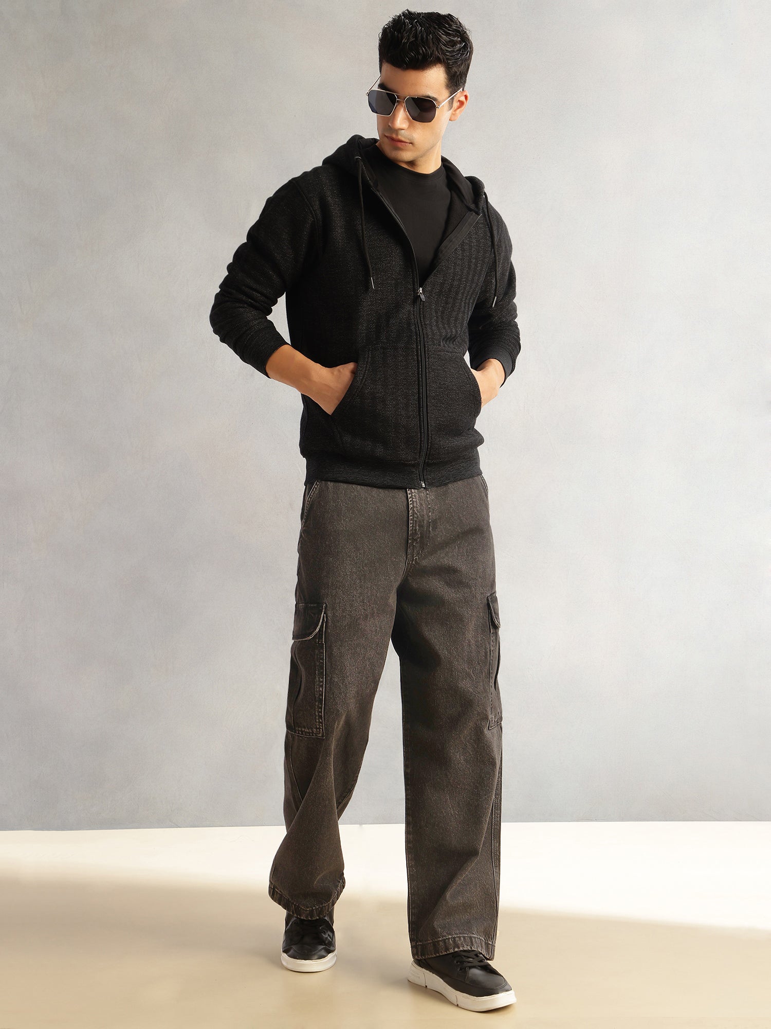 Thomas Scott Men Black Regular Fit Long Sleeves 2 Pockets Front-Open Knitted Hooded Sweatshirt