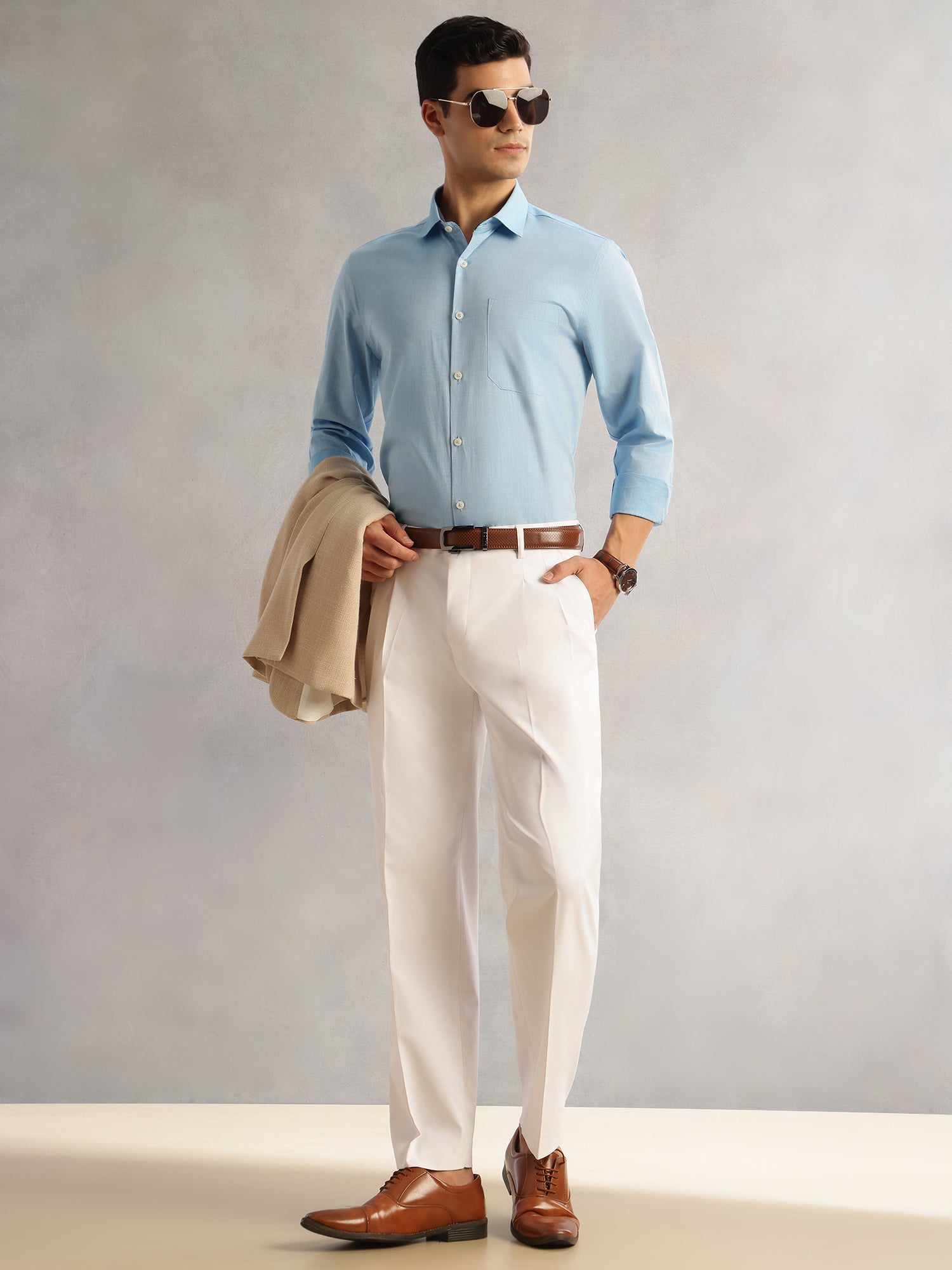 Thomas Scott Men Aqua Regular Fit Long Sleeves Cutaway Collar 100% Cotton Filafil Formal Shirt
