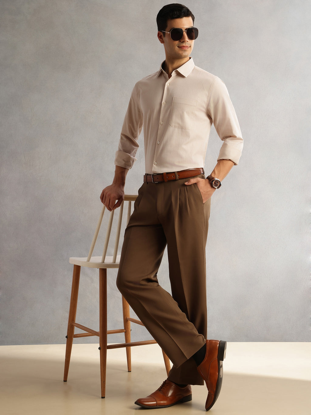Thomas Scott Men Beige Regular Fit Long Sleeves Cutaway Collar 100% Cotton Filafil Formal Shirt