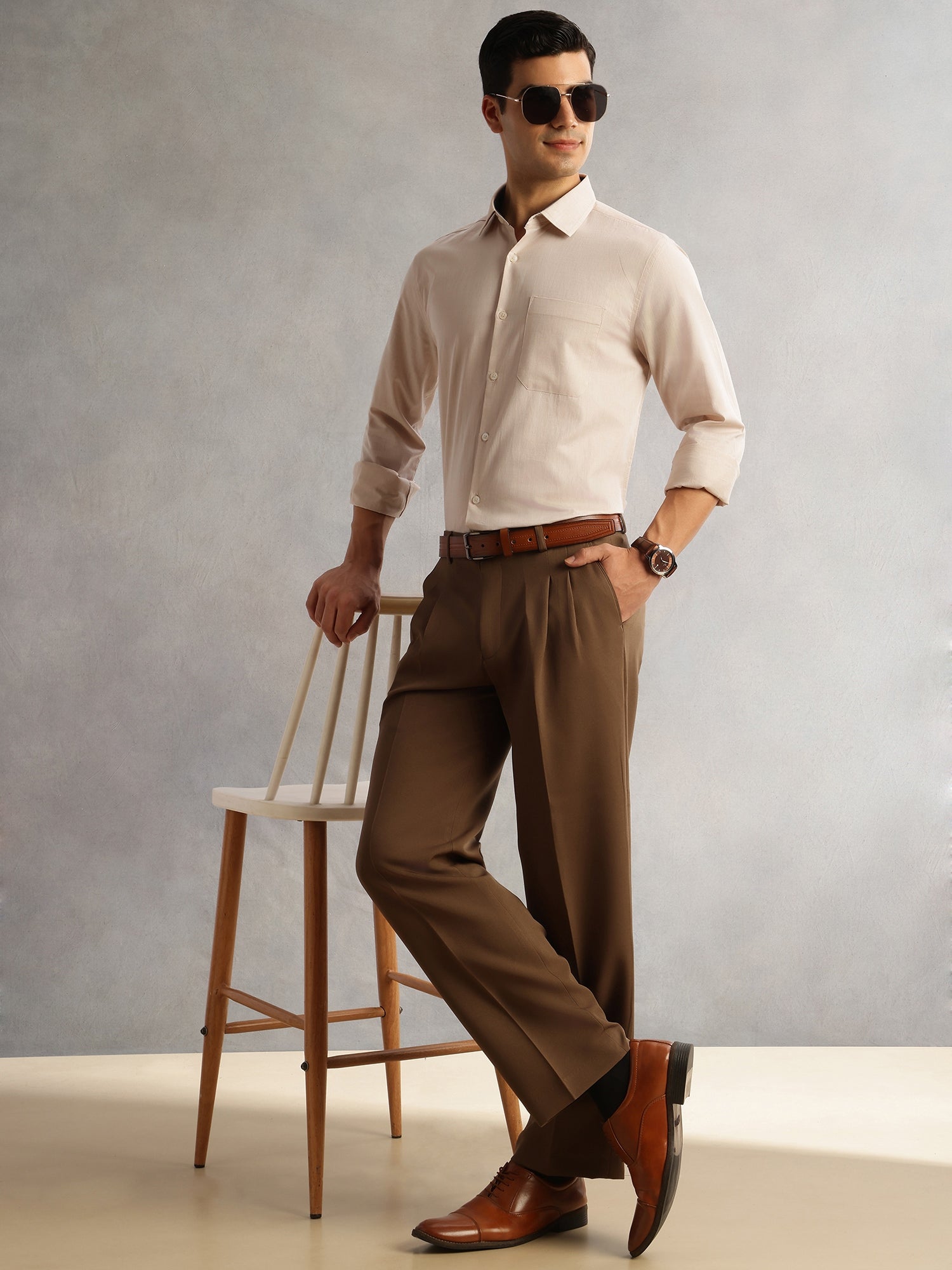 Thomas Scott Men Beige Regular Fit Long Sleeves Cutaway Collar 100% Cotton Filafil Formal Shirt