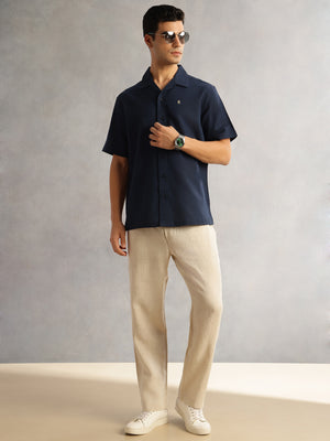 Navy Oversized Fit Short Sleeves Cuban Collar Solid Cotton Linen Casual Shirt For Men