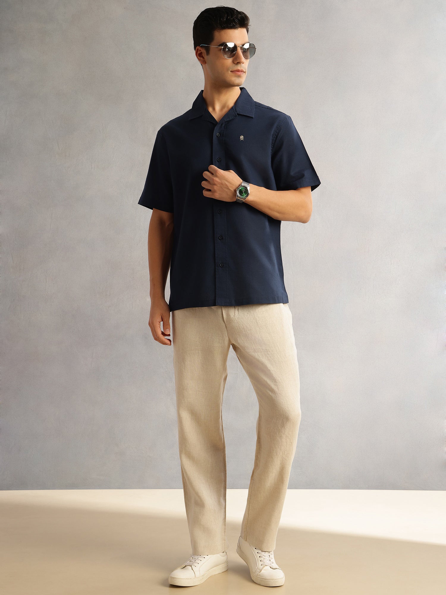 Thomas Scott Men Navy Oversized Fit Short Sleeves Cuban Collar Solid Cotton Linen Casual Shirt
