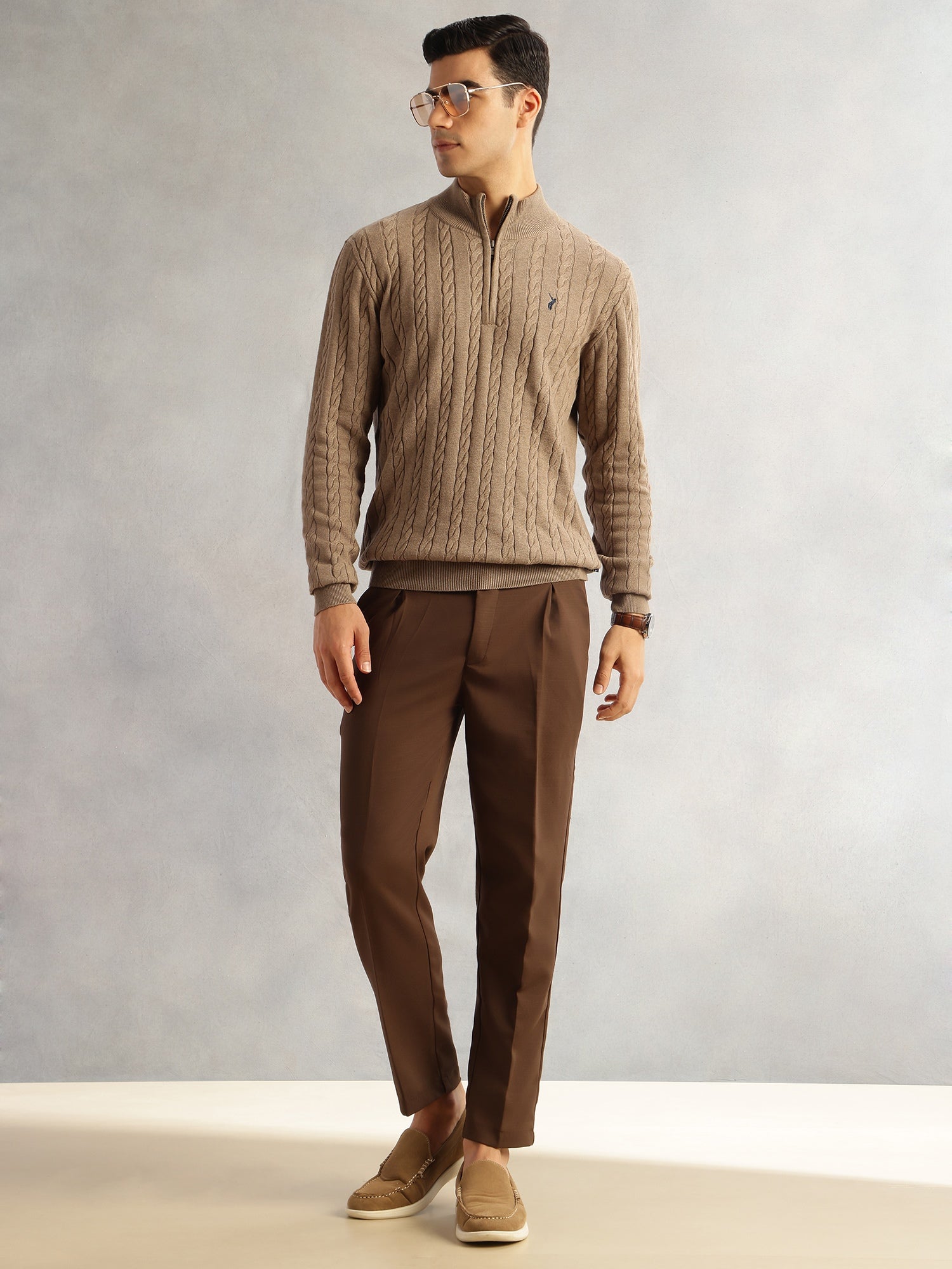 Thomas Scott Men Beige Regular Fit Long Sleeves Mock Collar Cable Knitted Pullover Sweater
