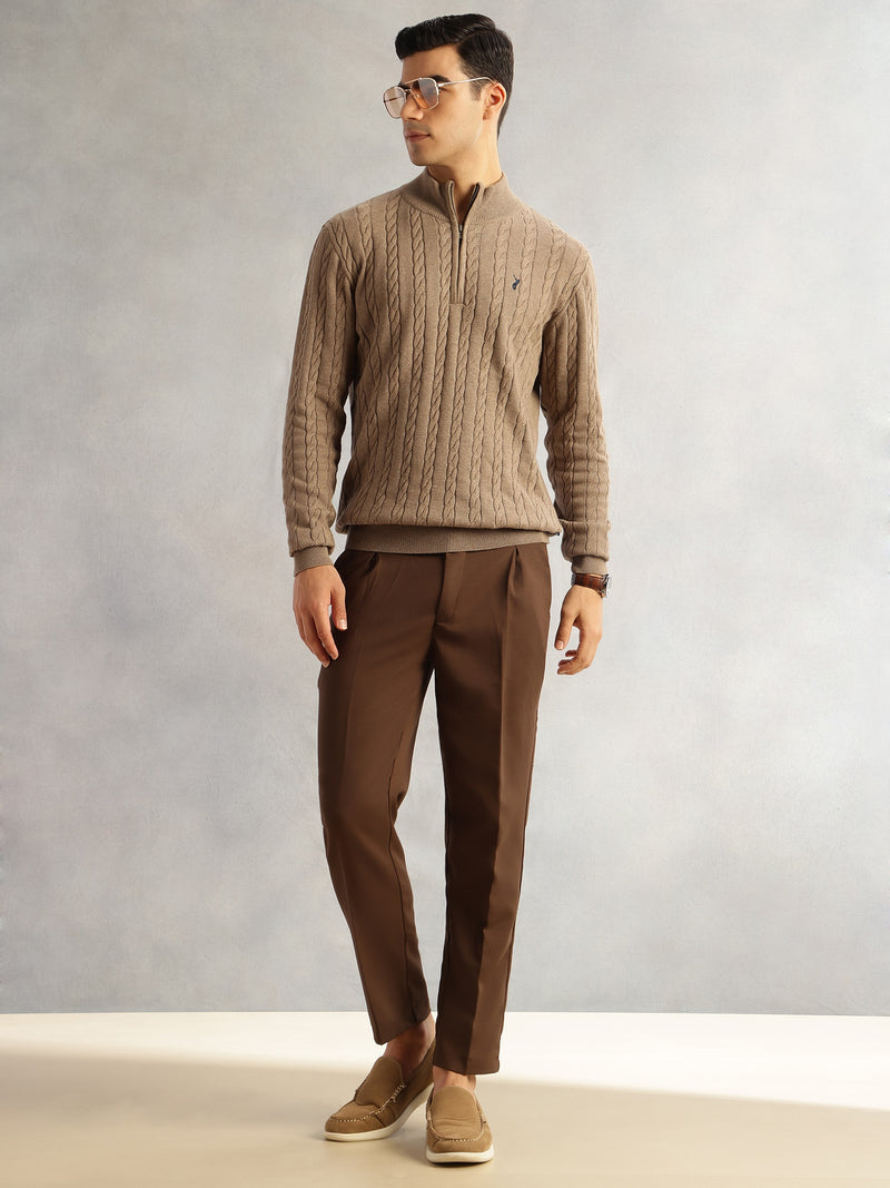 Thomas Scott Men Beige Regular Fit Long Sleeves Mock Collar Cable Knitted Pullover Sweater