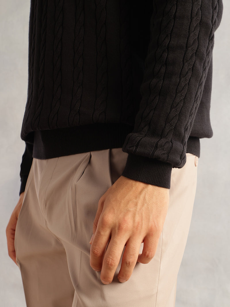 Thomas Scott Men Black Regular Fit Long Sleeves Mock Collar Cable Knitted Pullover Sweater