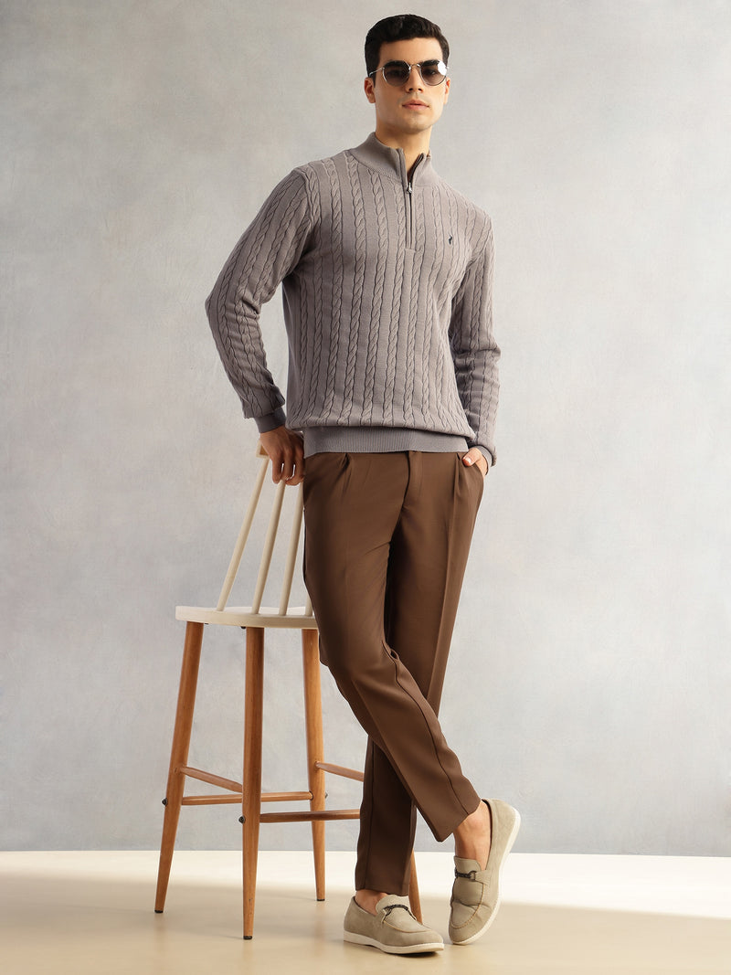 Thomas Scott Men Grey Regular Fit Long Sleeves Mock Collar Cable Knitted Pullover Sweater