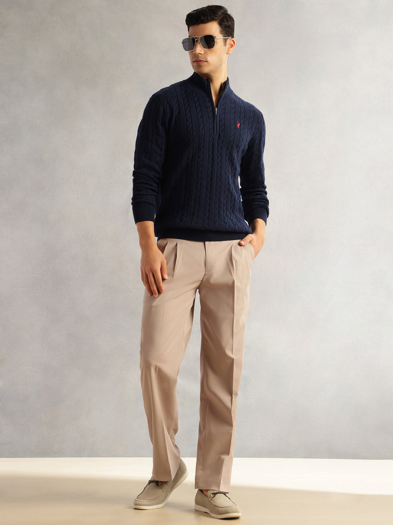 Thomas Scott Men Navy Regular Fit Long Sleeves Mock Collar Cable Knitted Pullover Sweater