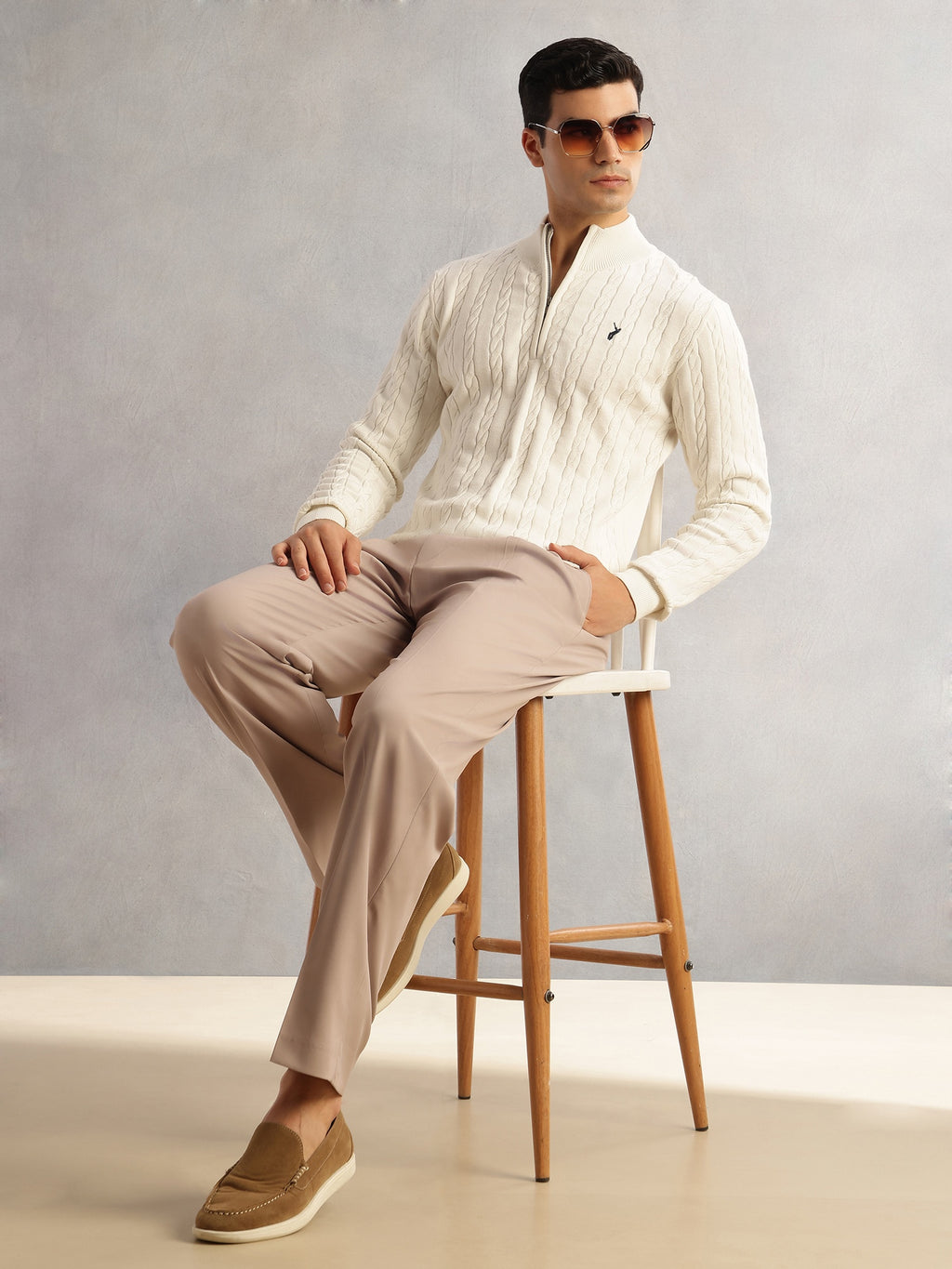 Thomas Scott Men White Regular Fit Long Sleeves Mock Collar Cable Knitted Pullover Sweater