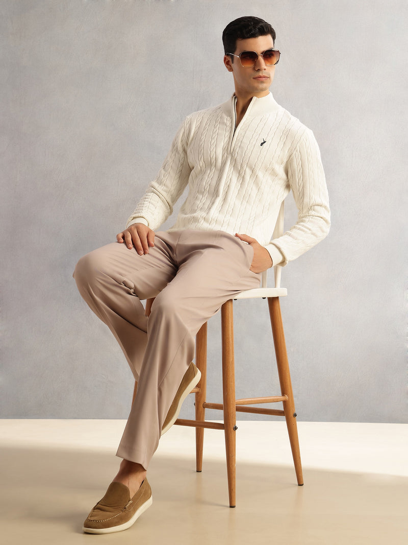Thomas Scott Men White Regular Fit Long Sleeves Mock Collar Cable Knitted Pullover Sweater