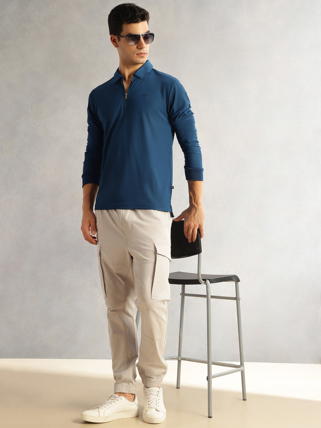 Thomas Scott Men Rama Blue Regular Fit Long Sleeves Solid Polyester Knitted Polo Collar T-shirt