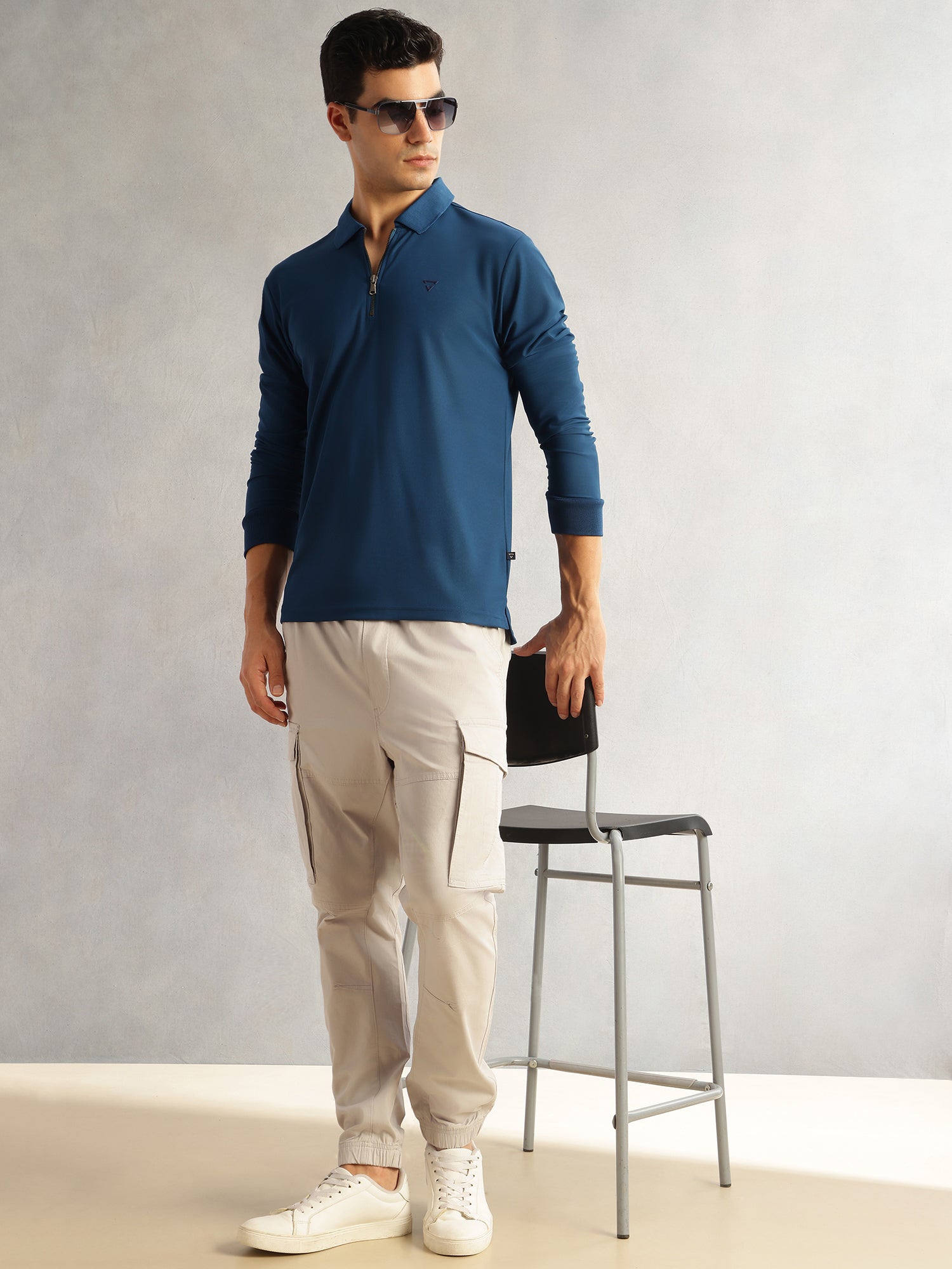 Thomas Scott Men Rama Blue Regular Fit Long Sleeves Solid Polyester Knitted Polo Collar T-shirt