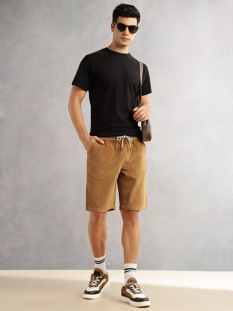 Thomas Scott Men Sand Regular Fit Mid-Rise Corduroy Casual Shorts