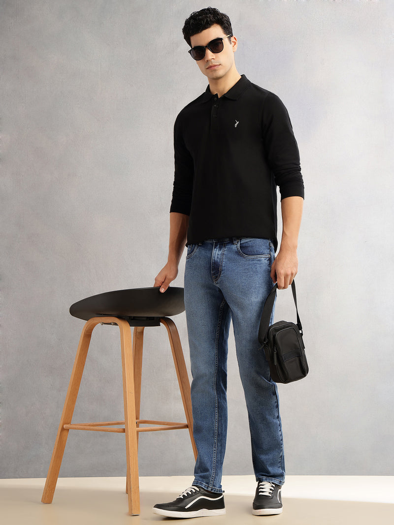 Thomas Scott Men Black Regular Fit Long Sleeves Solid Polo Collar Knitted T-shirt