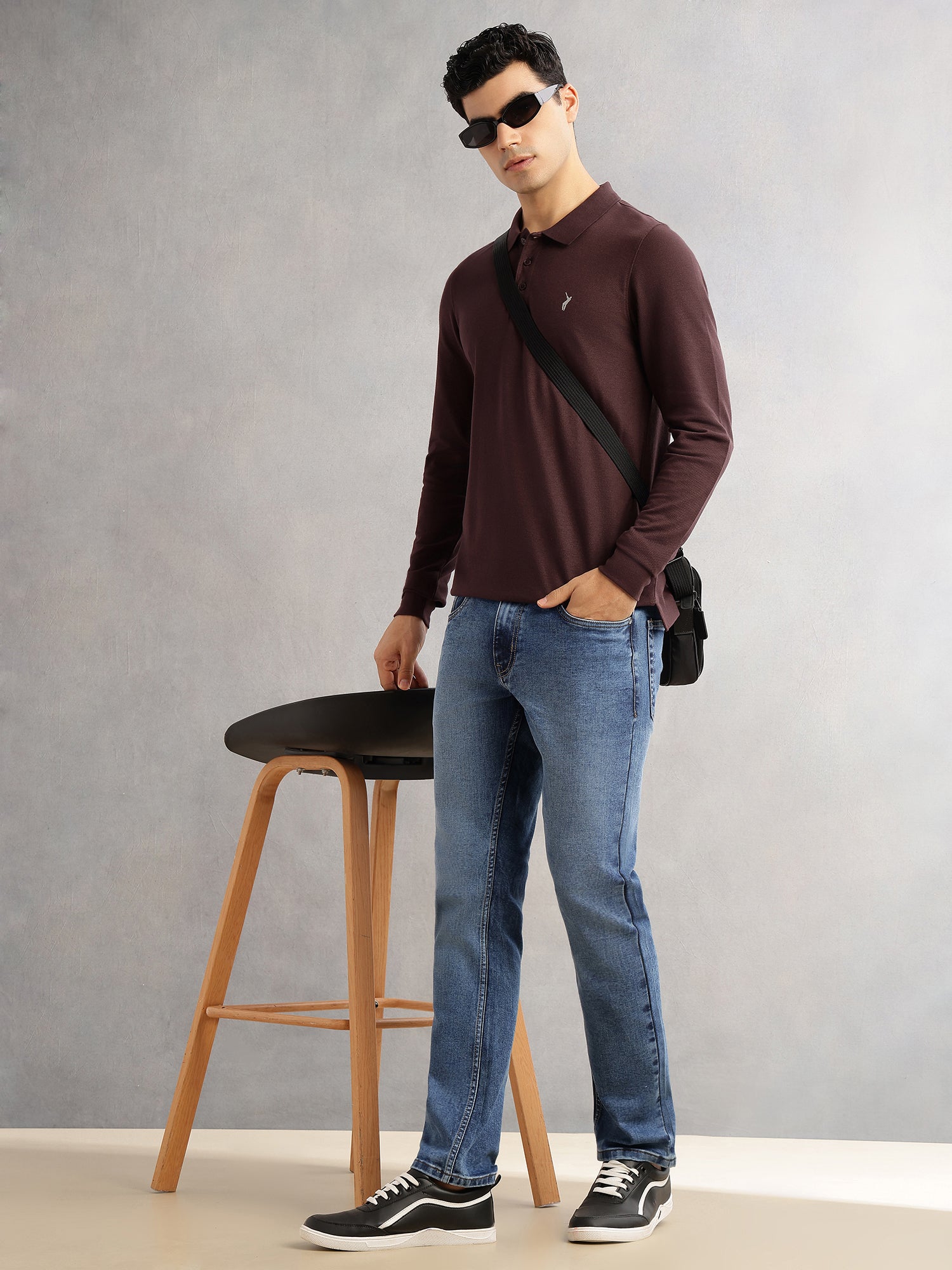 Thomas Scott Men Brown Regular Fit Long Sleeves Solid Polo Collar Knitted T-shirt