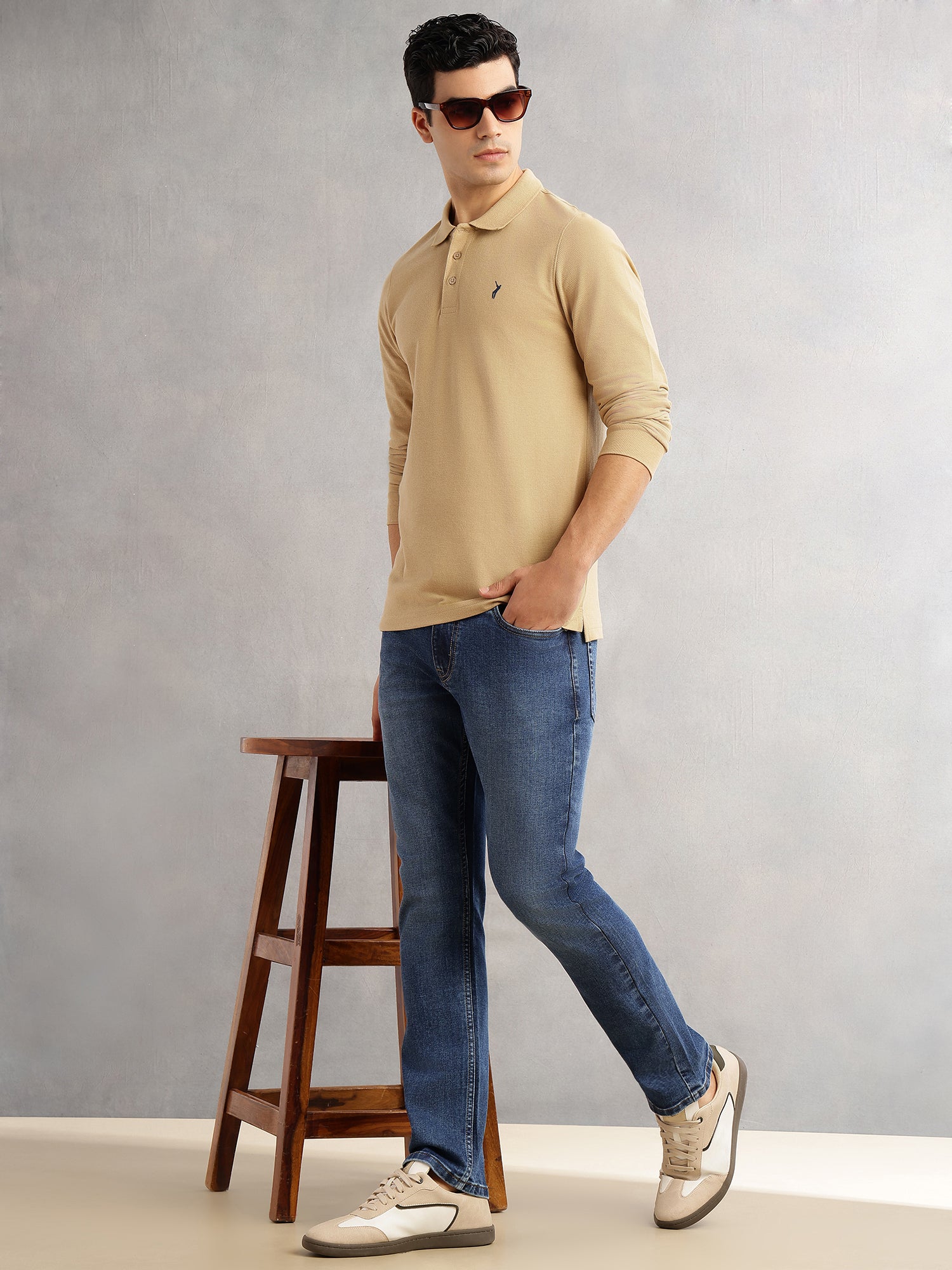 Thomas Scott Men Khaki Regular Fit Long Sleeves Solid Polo Collar Knitted T-shirt