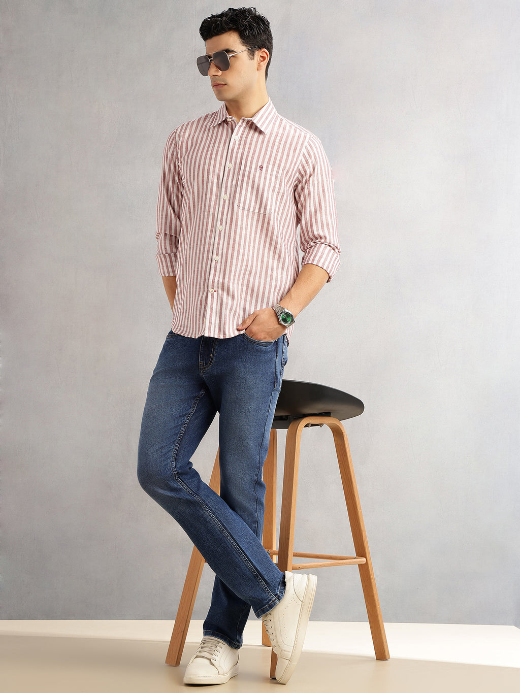 Thomas Scott Men Maroon Slim Fit Long Sleeves Spread Collar Vertical Stripes Linen Casual Shirt