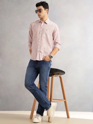 Maroon Slim Fit Long Sleeves Spread Collar Vertical Stripes Linen Casual Shirt For Men