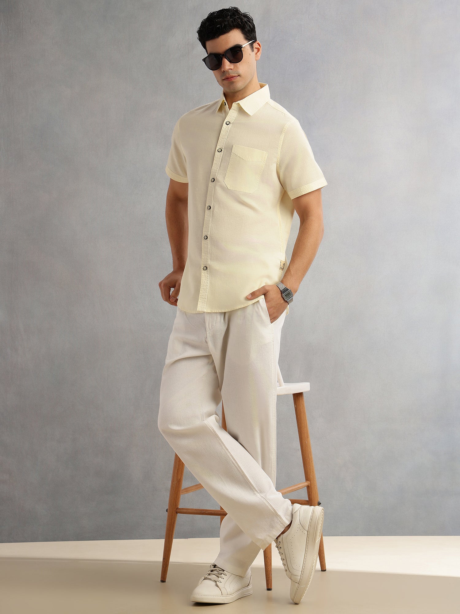 Thomas Scott Men Lemon Premium Regular Fit Short Sleeves Spread Collar Solid Linen Casual Shirt