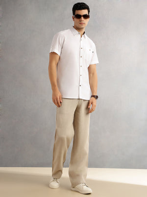 White Regular Fit Short Sleeves Spread Collar 100% Cotton Casual Shirt For Men